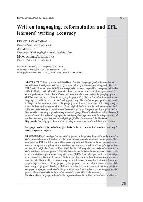 (PDF) Written languaging, reformulation and EFL learners' writing accuracy