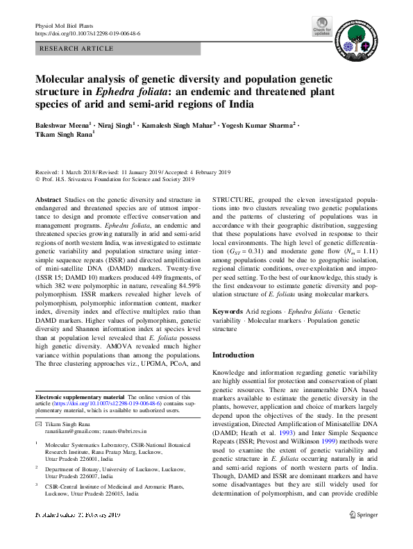 (PDF) Molecular analysis of genetic diversity and population genetic ...