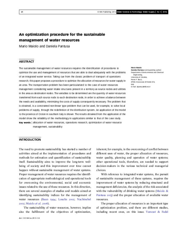 (PDF) An optimization procedure for the sustainable management of water ...