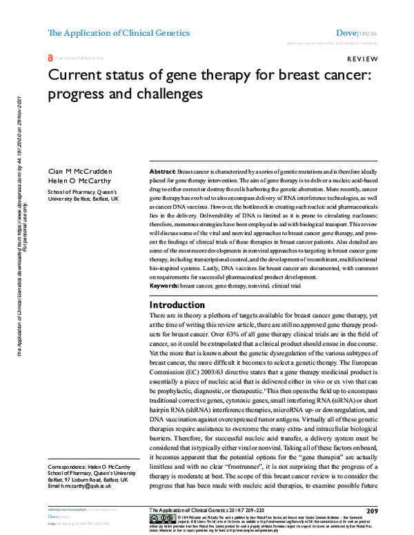 (PDF) Current status of gene therapy for breast cancer: progress and ...