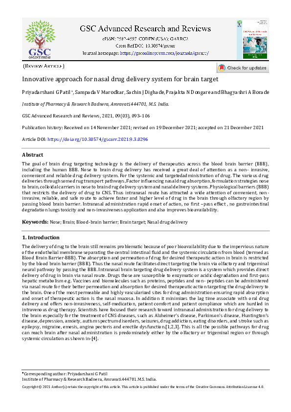 (PDF) Innovative approach for nasal drug delivery system for brain target