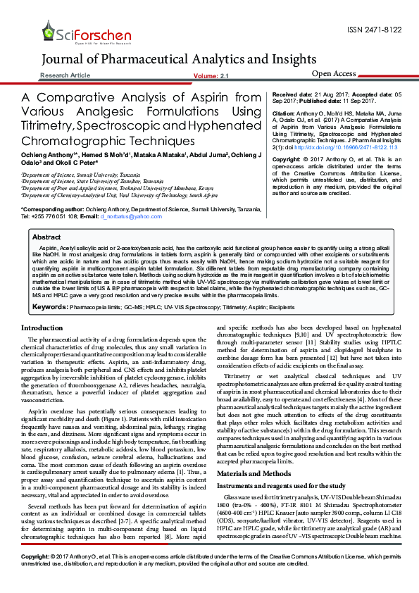 (PDF) A Comparative Analysis of Aspirin from Various Analgesic Formulations Using Titrimetry