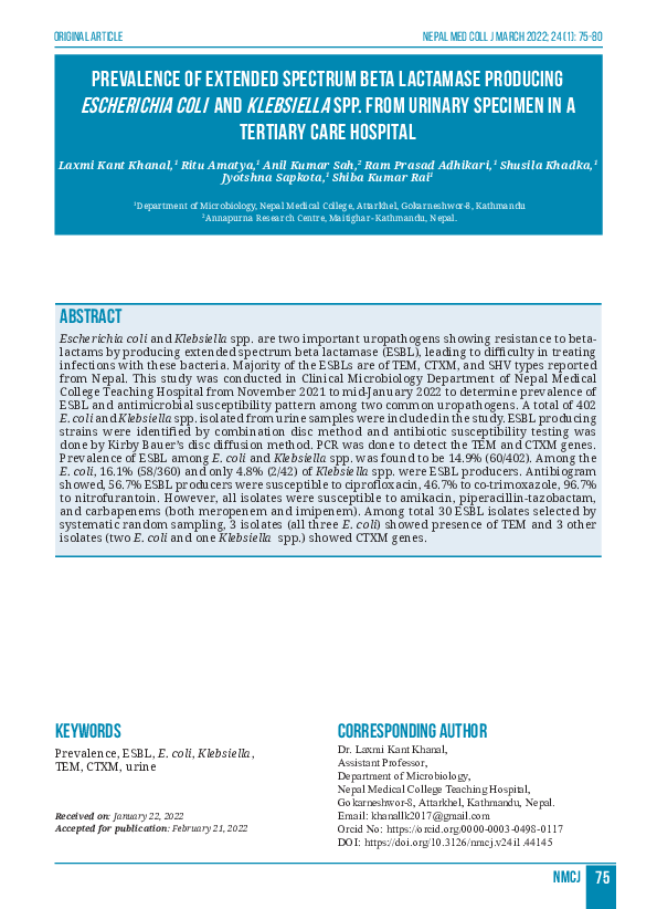 (PDF) Prevalence of Extended Spectrum Beta Lactamase producing ...