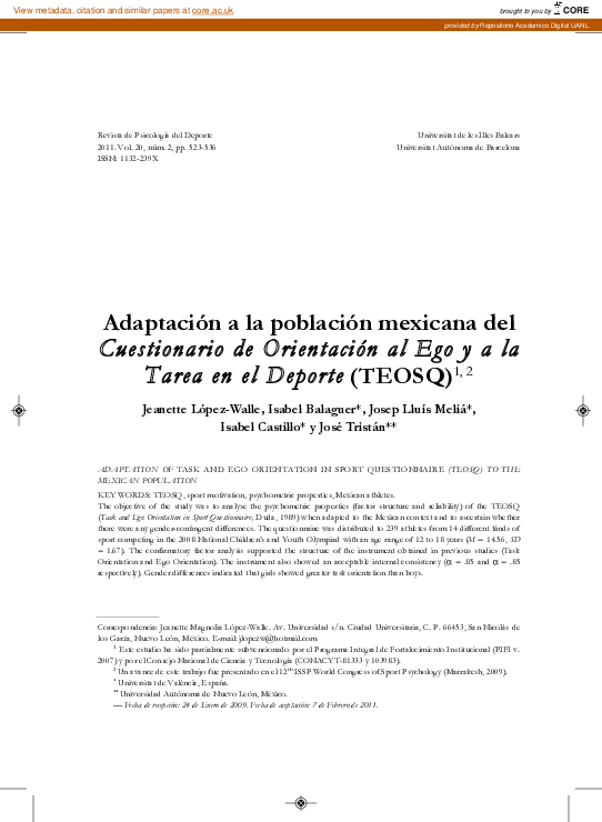 (PDF) Adaptation of Task and Ego Orientation in Sport Questionnaire ...