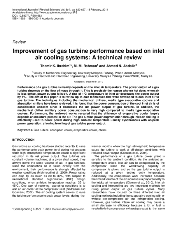 (PDF) Improvement of gas turbine performance based on inlet air cooling ...