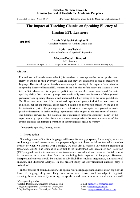 (PDF) The Impact of Teaching Chunks on Speaking Fluency of Iranian EFL ...