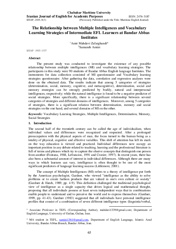 (PDF) The Relationship between Multiple Intelligences and Vocabulary ...