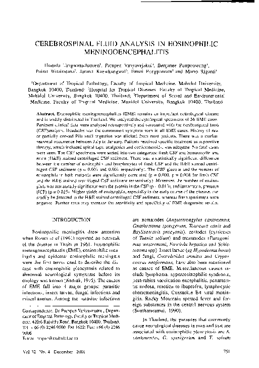 (PDF) Cerebrospinal fluid analysis in eosinophilic meningoencephalitis