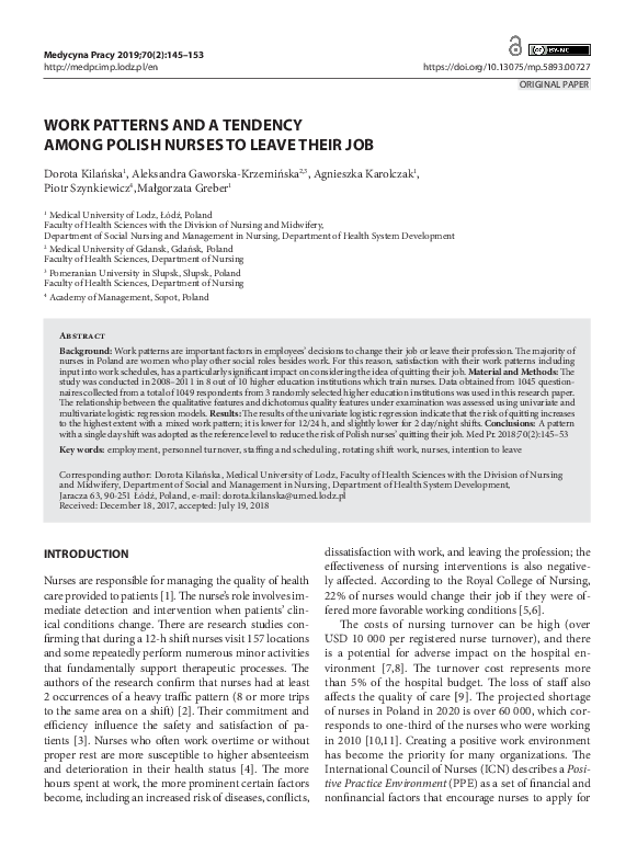 (PDF) Work patterns and a tendency among Polish nurses to leave their job