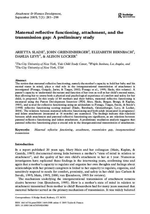 (PDF) Maternal reflective functioning, attachment, and the transmission ...