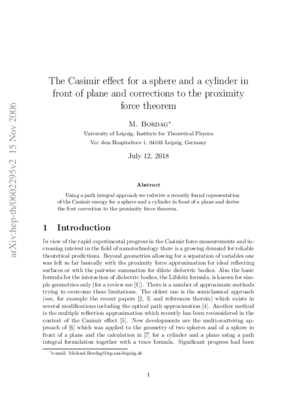 (PDF) Casimir effect for a sphere and a cylinder in front of a plane ...