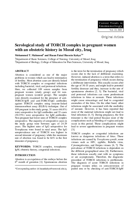 (PDF) Serological study of TORCH complex in pregnant women with an ...