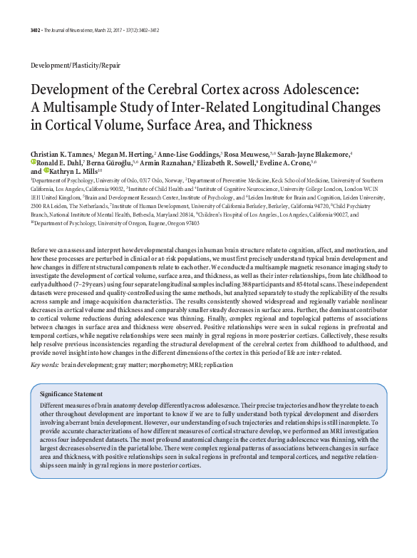 (PDF) Development of the Cerebral Cortex across Adolescence: A ...