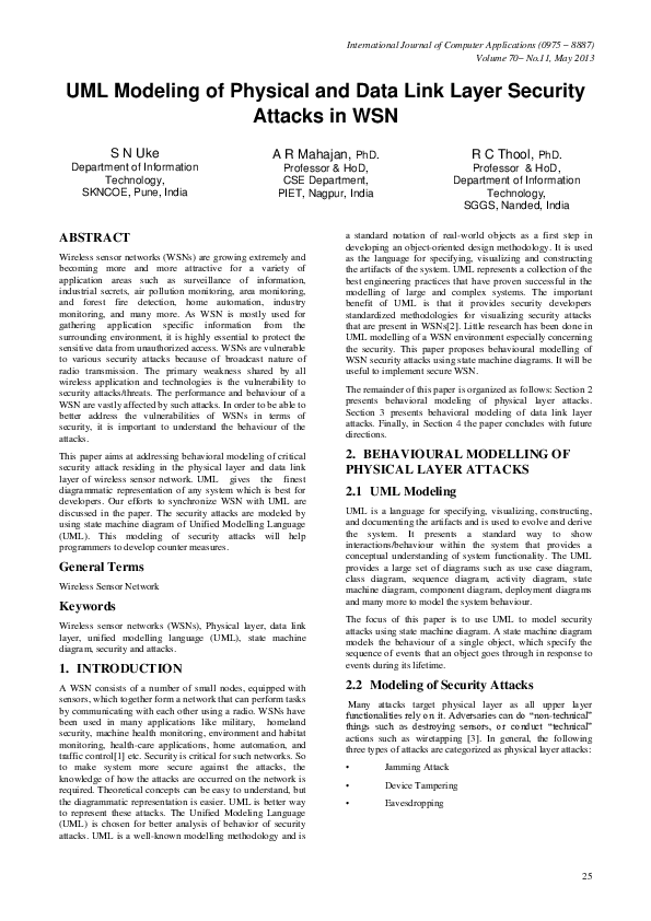 (PDF) UML Modeling of Physical and Data Link Layer Security Attacks in WSN