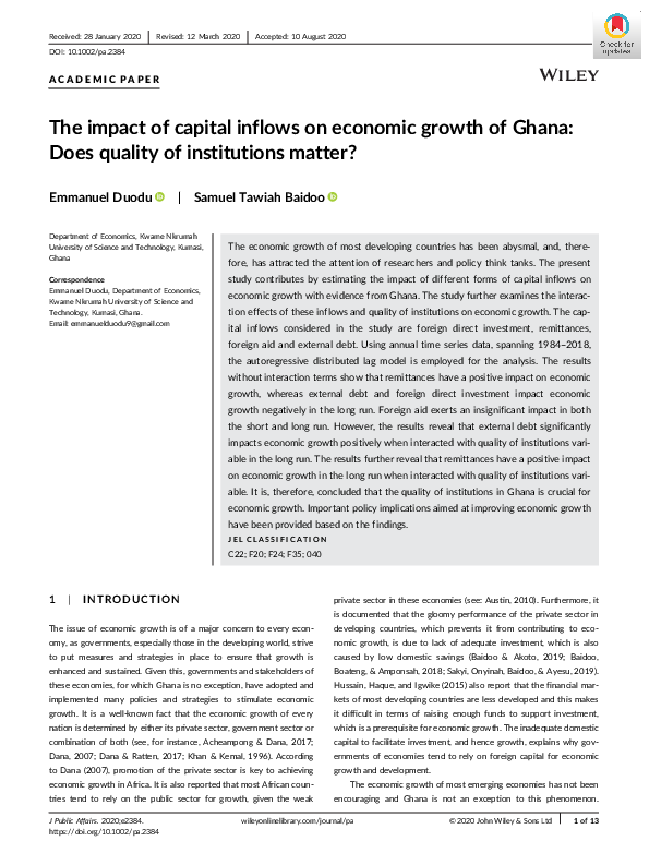 (PDF) The impact of capital inflows on economic growth of Ghana: Does ...