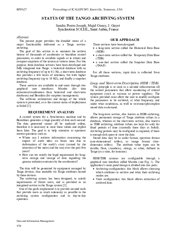 (PDF) Status of the Tango Archiving System