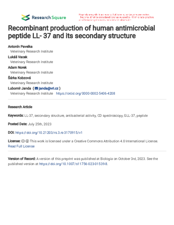 (PDF) Recombinant production of human antimicrobial peptide LL- 37 and ...