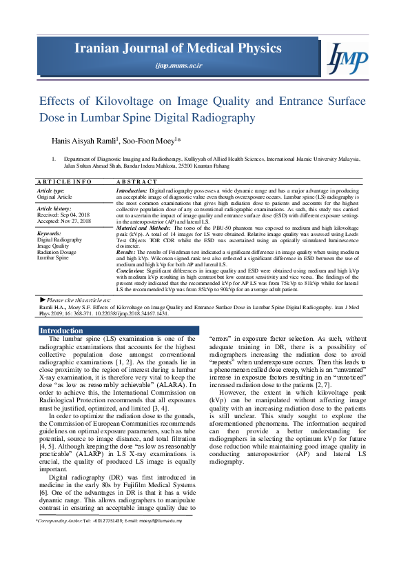 (PDF) A baseline study of entrance dose and image quality for lumbar ...