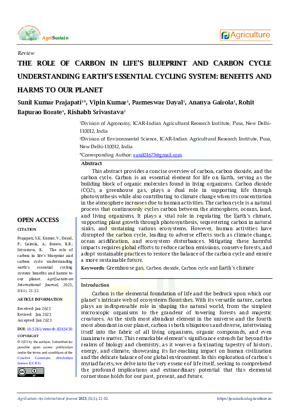 THE ROLE OF CARBON IN LIFE'S BLUEPRINT AND CARBON CYCLE UNDERSTANDING EARTH'S ESSENTIAL CYCLING SYSTEM: BENEFITS AND HARMS TO OUR PLANET