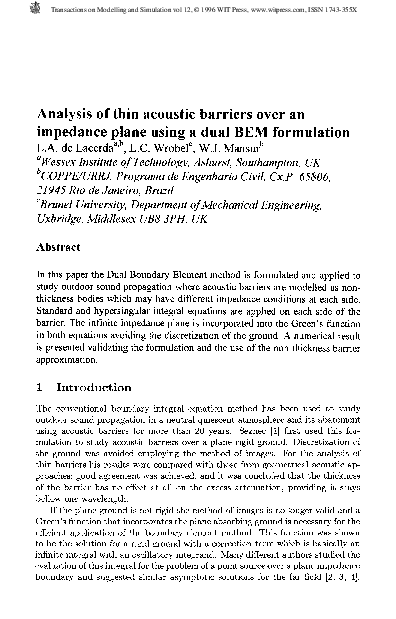 (PDF) Analysis Of Thin Acoustic Barriers Over AnImpedance Plane Using A ...
