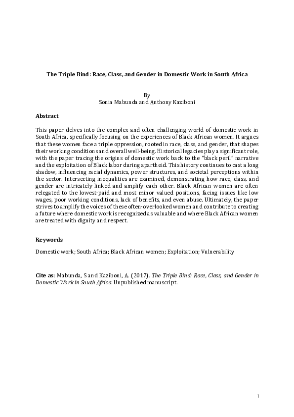(PDF) The Triple Bind: Race, Class, and Gender in Domestic Work in ...