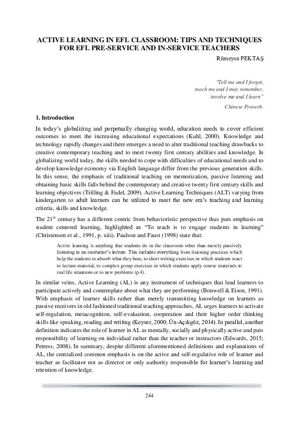 (PDF) ACTIVE LEARNING IN EFL CLASSROOM: TIPS AND TECHNIQUES FOR EFL PRE ...