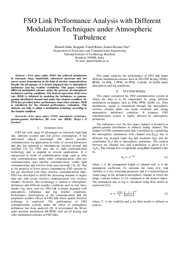 (PDF) FSO Link Performance Analysis with Different Modulation ...