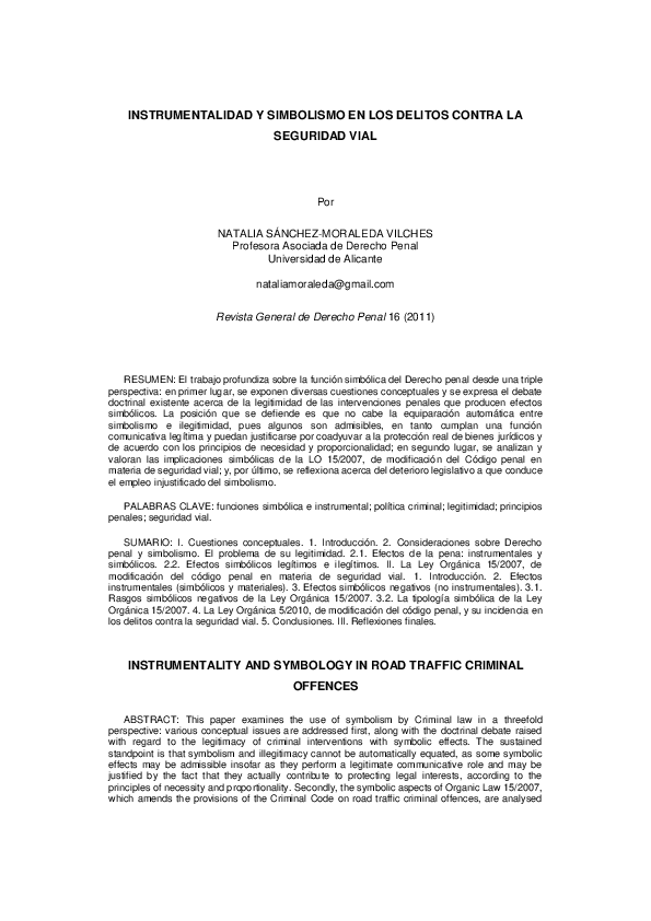 (PDF) INSTRUMENTALIDAD Y SIMBOLISMO EN LOS DELITOS CONTRA LA SEGURIDAD VIAL