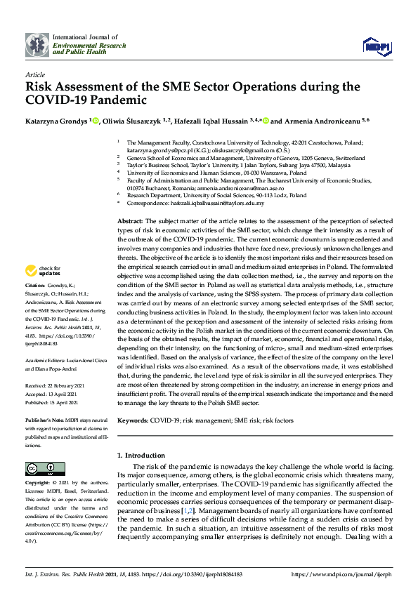(PDF) Risk Assessment of the SME Sector Operations during the COVID-19 ...
