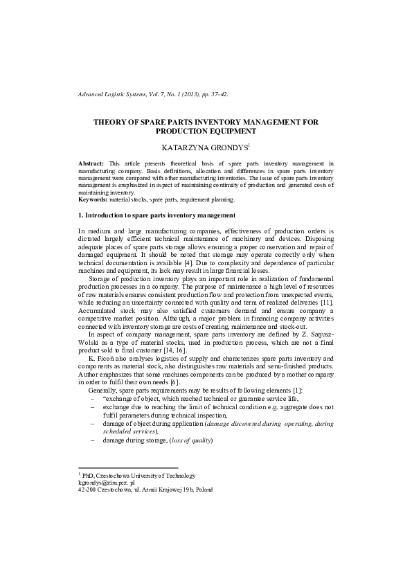 (PDF) Theory of Spare Parts Inventory Management for Production Equipment