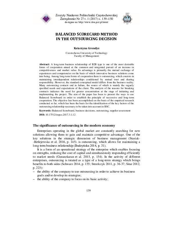 Photo inspiration: Gallery Detail: Pdf Balanced Scorecard Method In The Outsourcing Decision