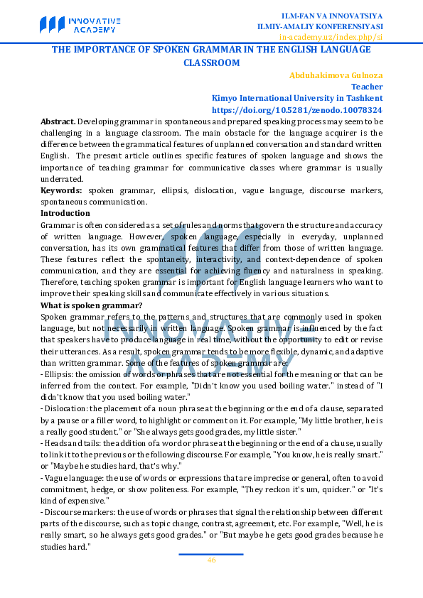 (PDF) THE IMPORTANCE OF SPOKEN GRAMMAR IN THE ENGLISH LANGUAGE CLASSROOM