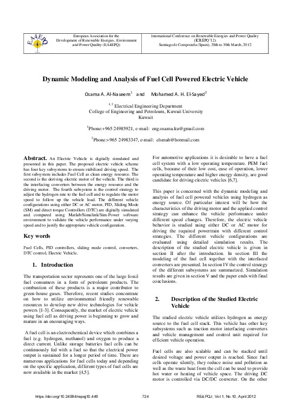 (PDF) Dynamic Modeling and Analysis of Fuel Cell Powered Electric Vehicle