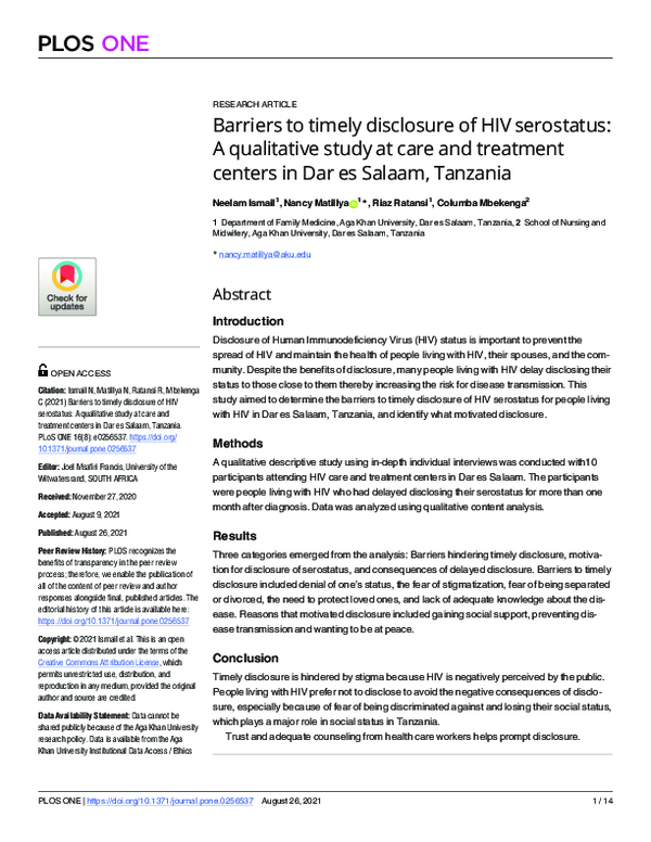 (PDF) Barriers to timely disclosure of HIV serostatus: A qualitative ...