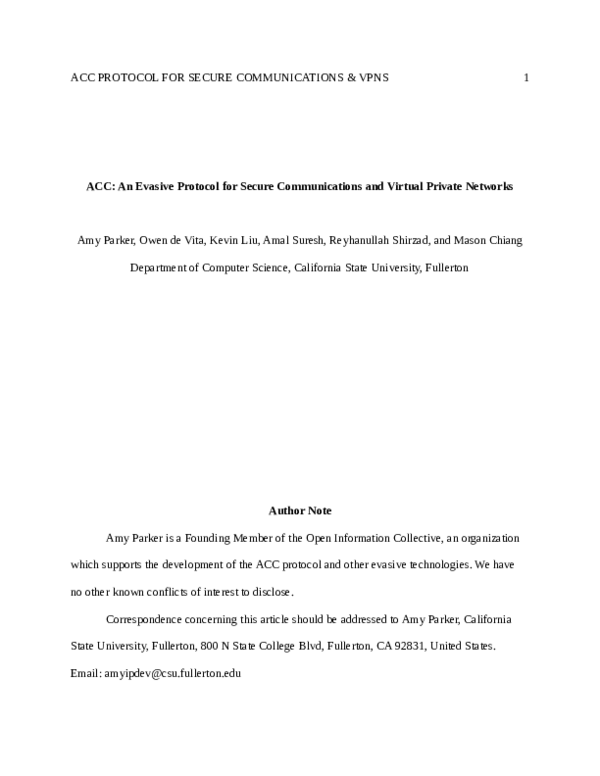 ACC: An Evasive Protocol for Secure Communications and Virtual Private Networks