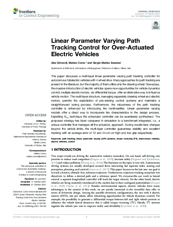 (PDF) Linear Parameter Varying Path Tracking Control for Over-Actuated ...