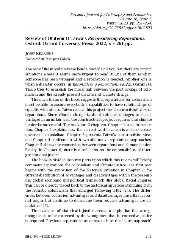 (PDF) Review of Olúfemi O Táíwò’s Reconsidering Reparations. Oxford ...