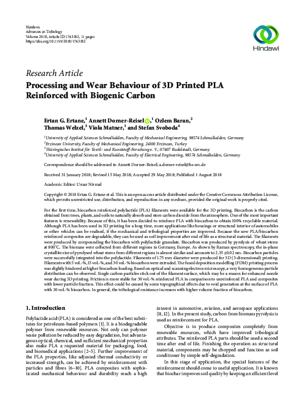 (PDF) Processing and Wear Behaviour of 3D Printed PLA Reinforced with ...