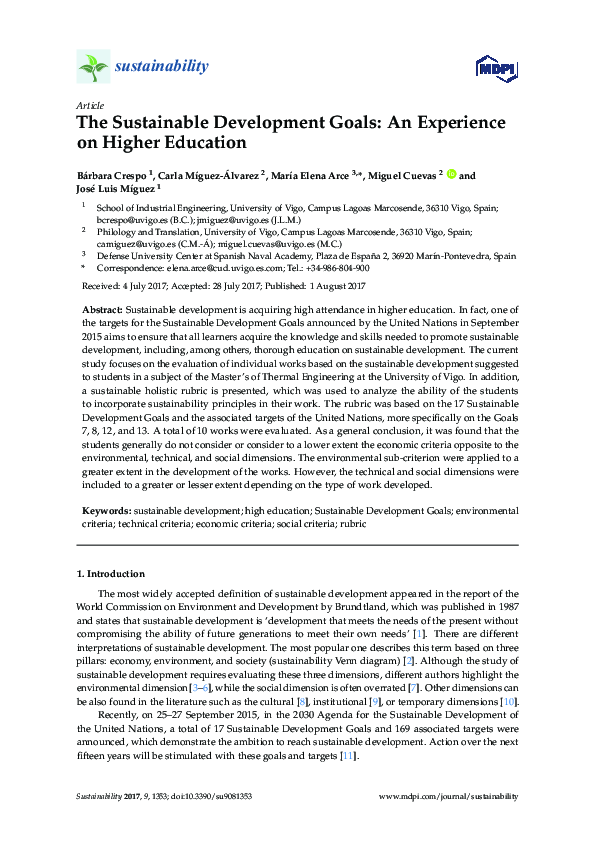 (PDF) The Sustainable Development Goals: An Experience on Higher Education