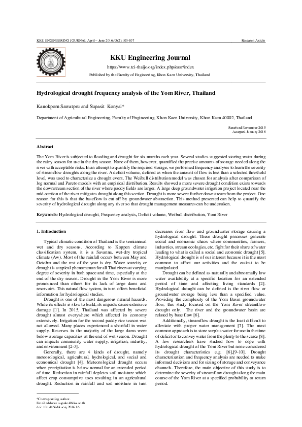 (PDF) Hydrological drought frequency analysis of the Yom River, Thailand