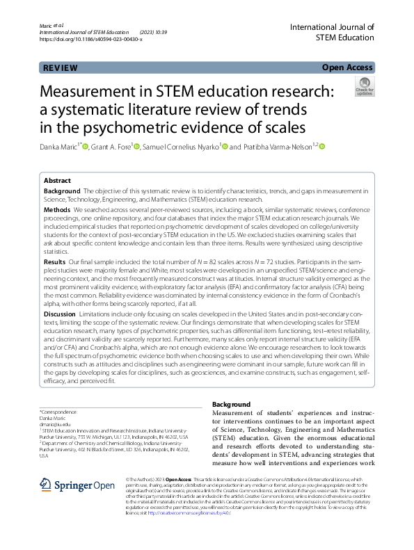 (PDF) Measurement in STEM education research: a systematic literature ...
