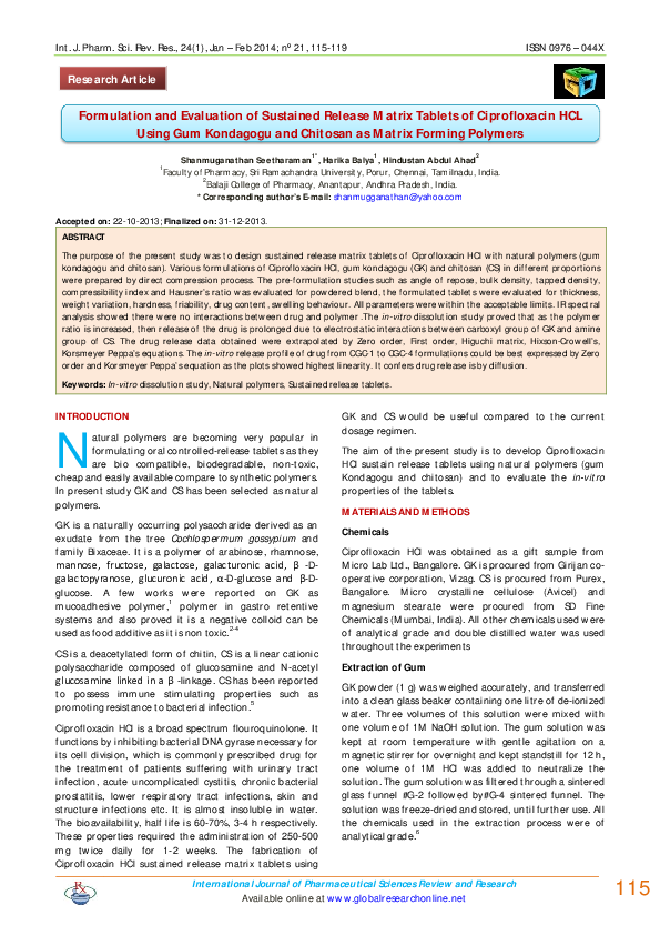 (PDF) Formulation and Evaluation of Sustained Release Matrix Tablets of ...