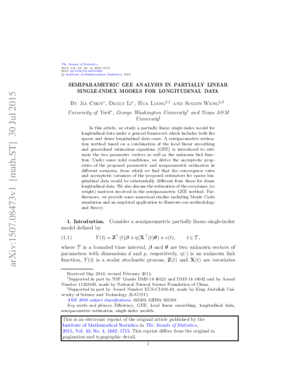 (PDF) GEE ANALYSIS IN PARTIALLY LINEAR SINGLE-INDEX MODELS FOR ...