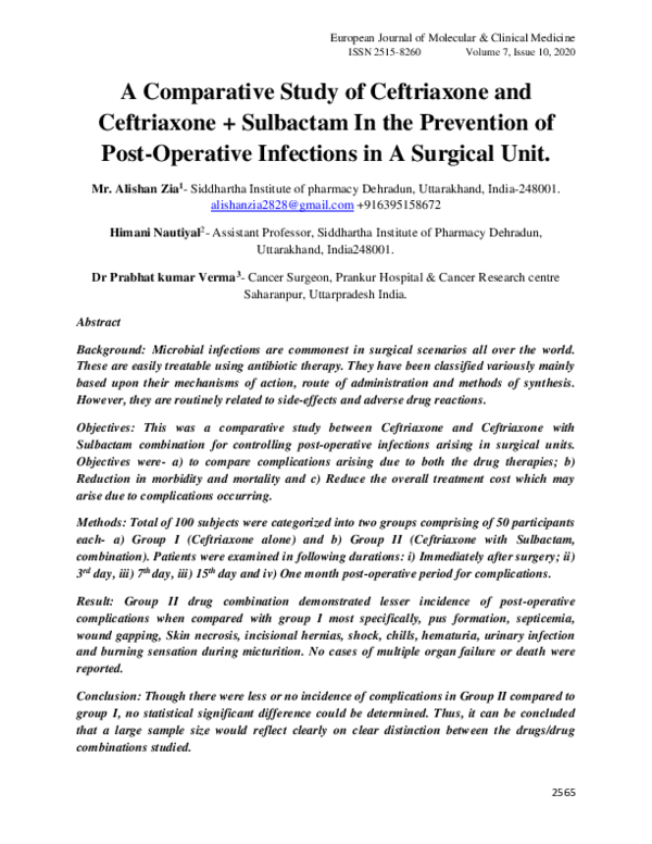 (PDF) A Comparative Study of Ceftriaxone and Ceftriaxone + Sulbactam In ...