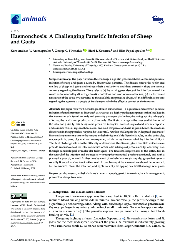 (PDF) Haemonchosis: A Challenging Parasitic Infection of Sheep and Goats