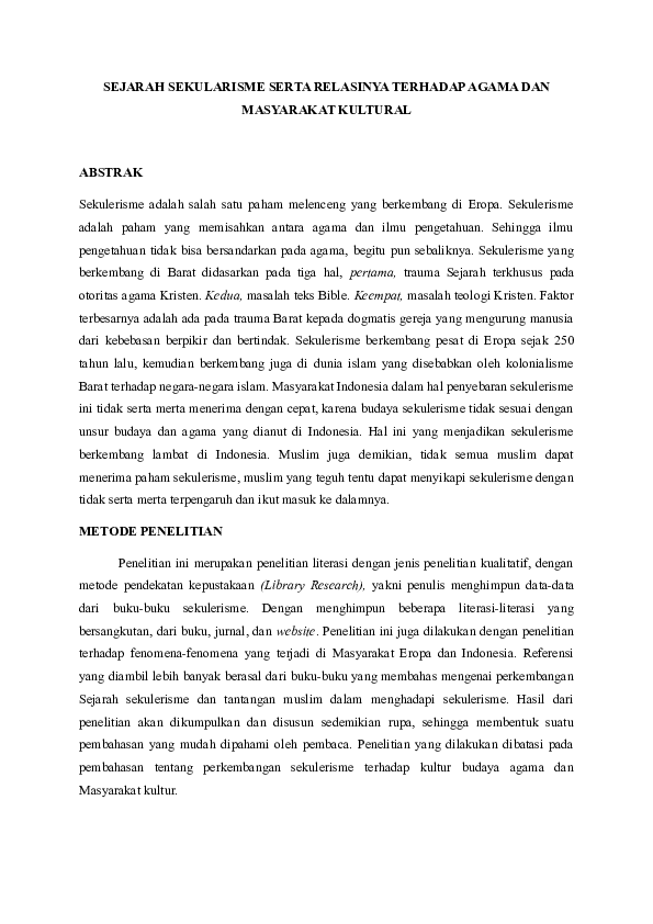 Doc Sejarah Sekularisme Serta Relasinya Terhadap Agama Dan