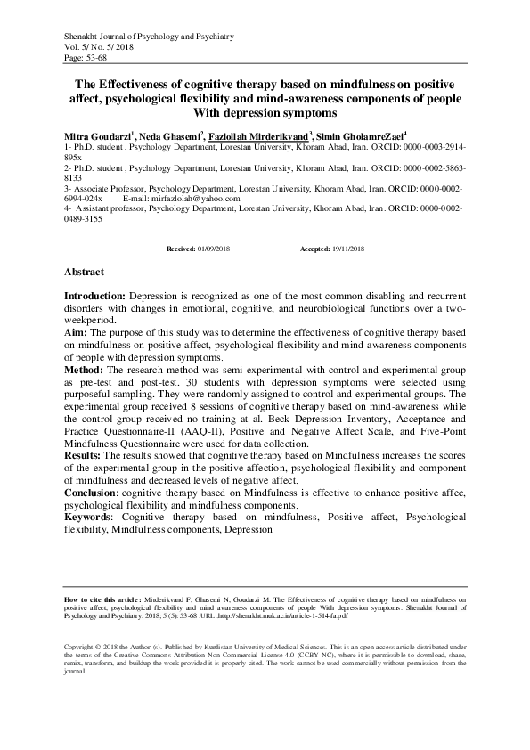 (PDF) The Effectiveness of Cognitive Therapy Based on Mindfulness on ...