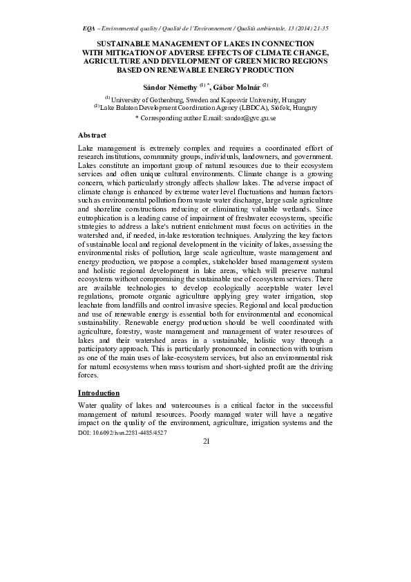 (PDF) Sustainable Management of Lakes in Connection with Mitigation of ...