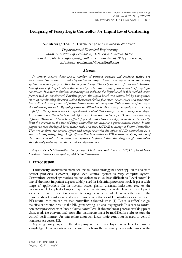 (PDF) Designing of Fuzzy Logic Controller for Liquid Level Controlling