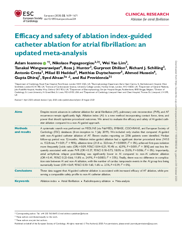 (PDF) Efficacy and safety of ablation index-guided catheter ablation ...